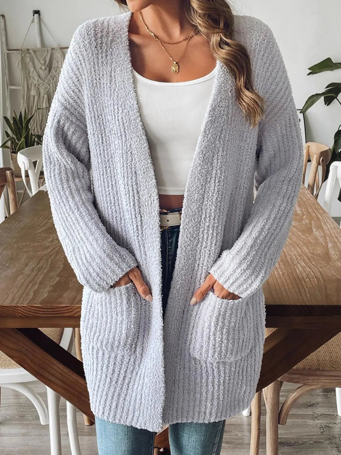 Open Front Long Sleeve Cardigan - Celeste