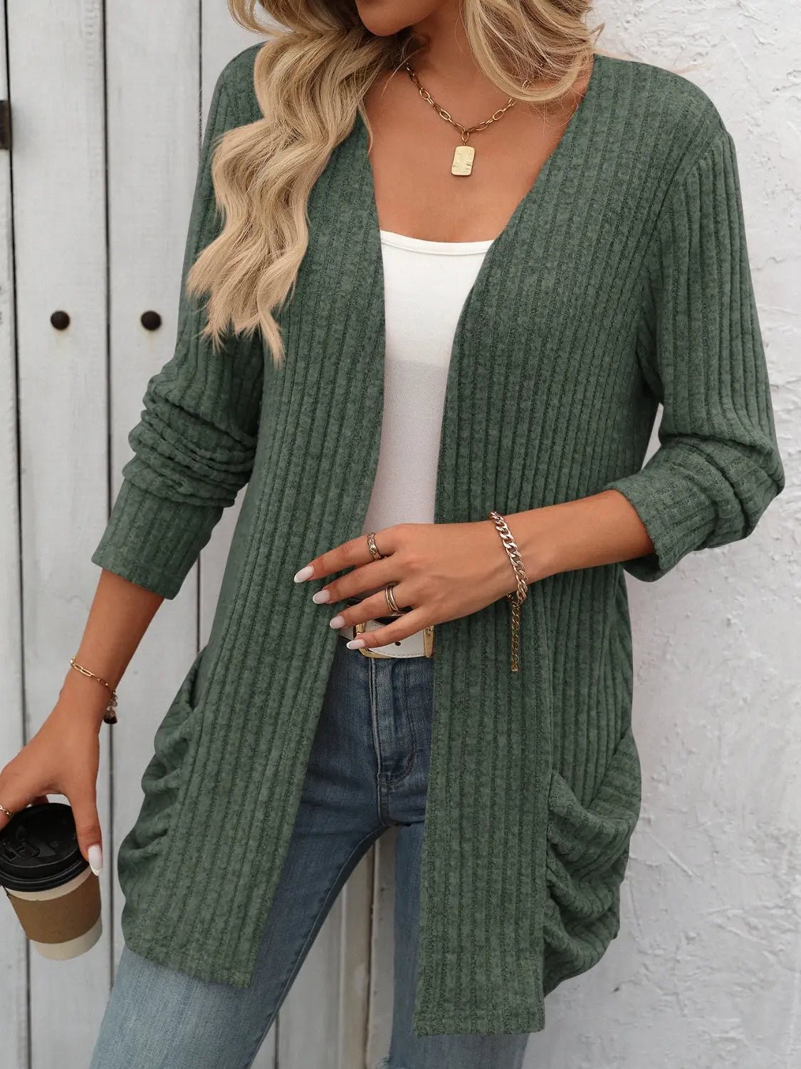 Open Front Long Sleeve Ribbed Cardigan - Celeste