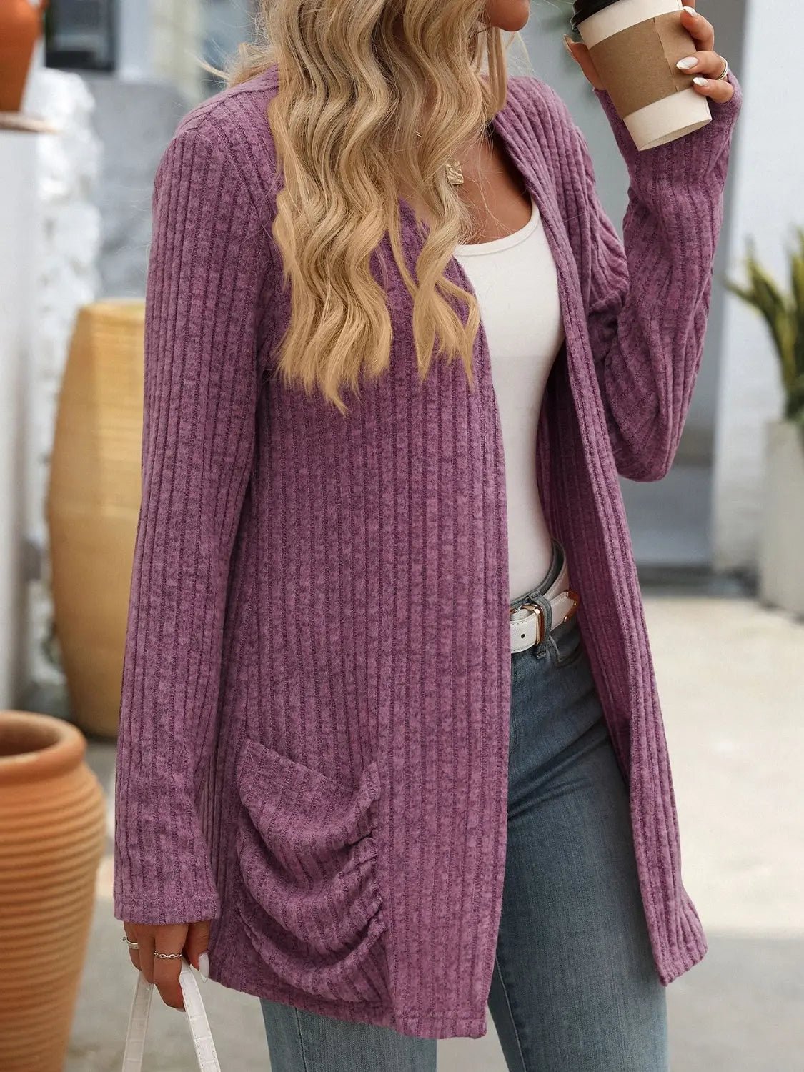 Open Front Long Sleeve Ribbed Cardigan - Celeste