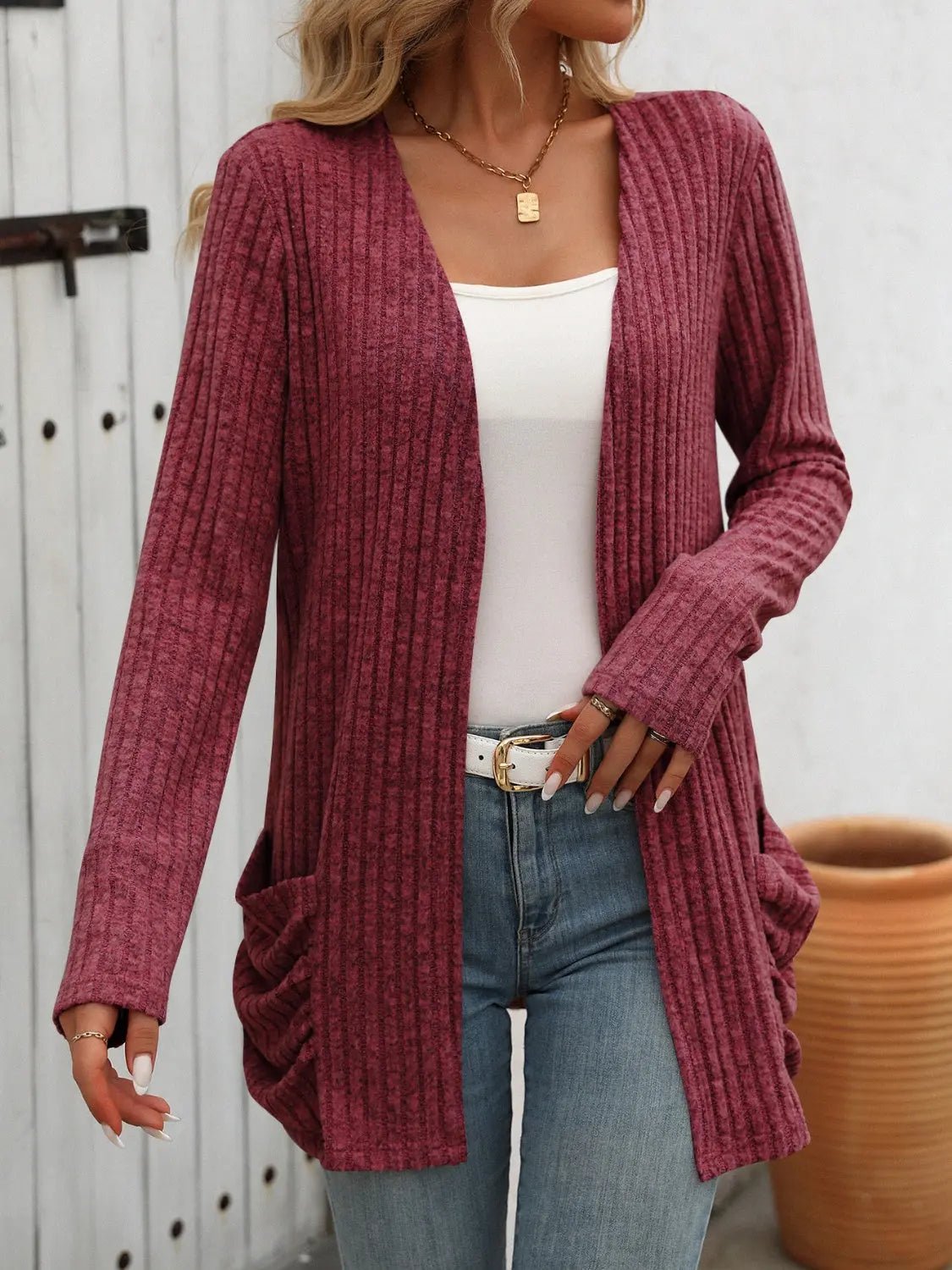 Open Front Long Sleeve Ribbed Cardigan - Celeste