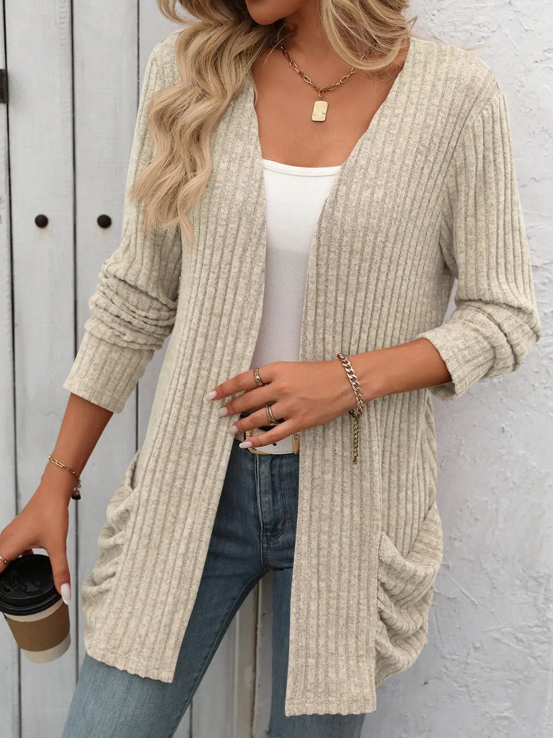 Open Front Long Sleeve Ribbed Cardigan - Celeste