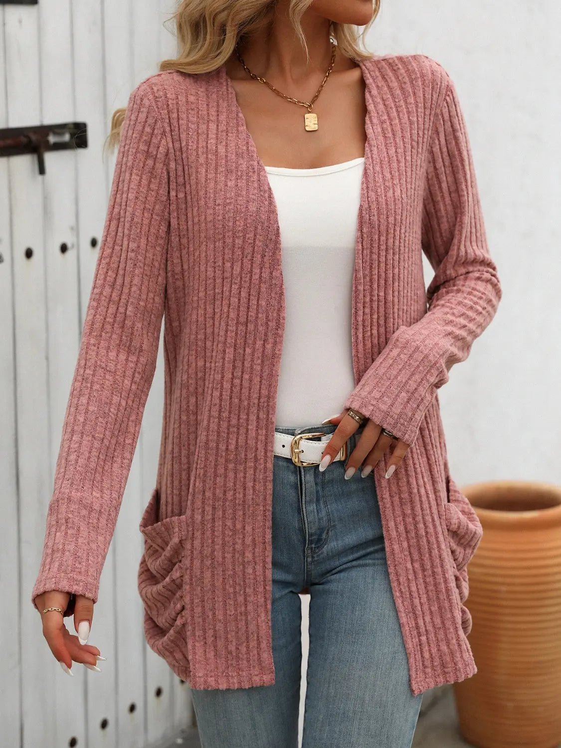 Open Front Long Sleeve Ribbed Cardigan - Celeste