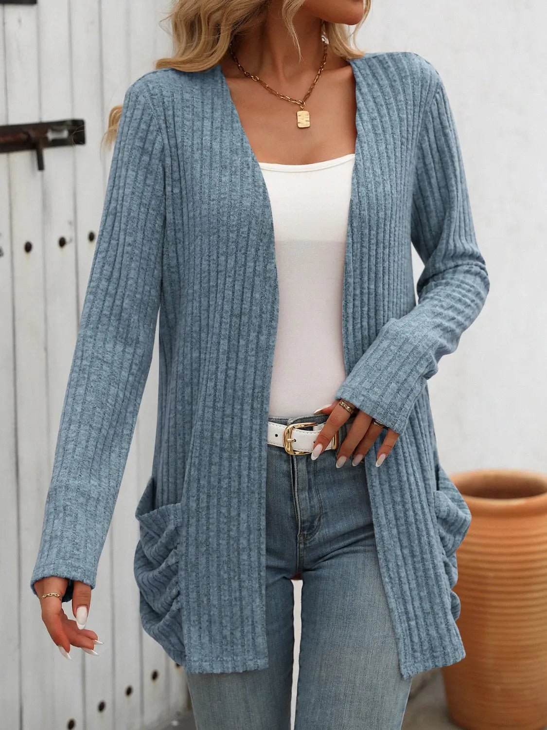 Open Front Long Sleeve Ribbed Cardigan - Celeste