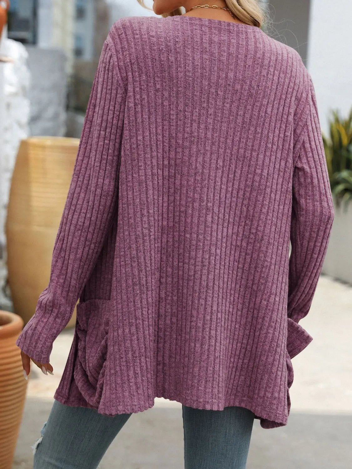 Open Front Long Sleeve Ribbed Cardigan - Celeste