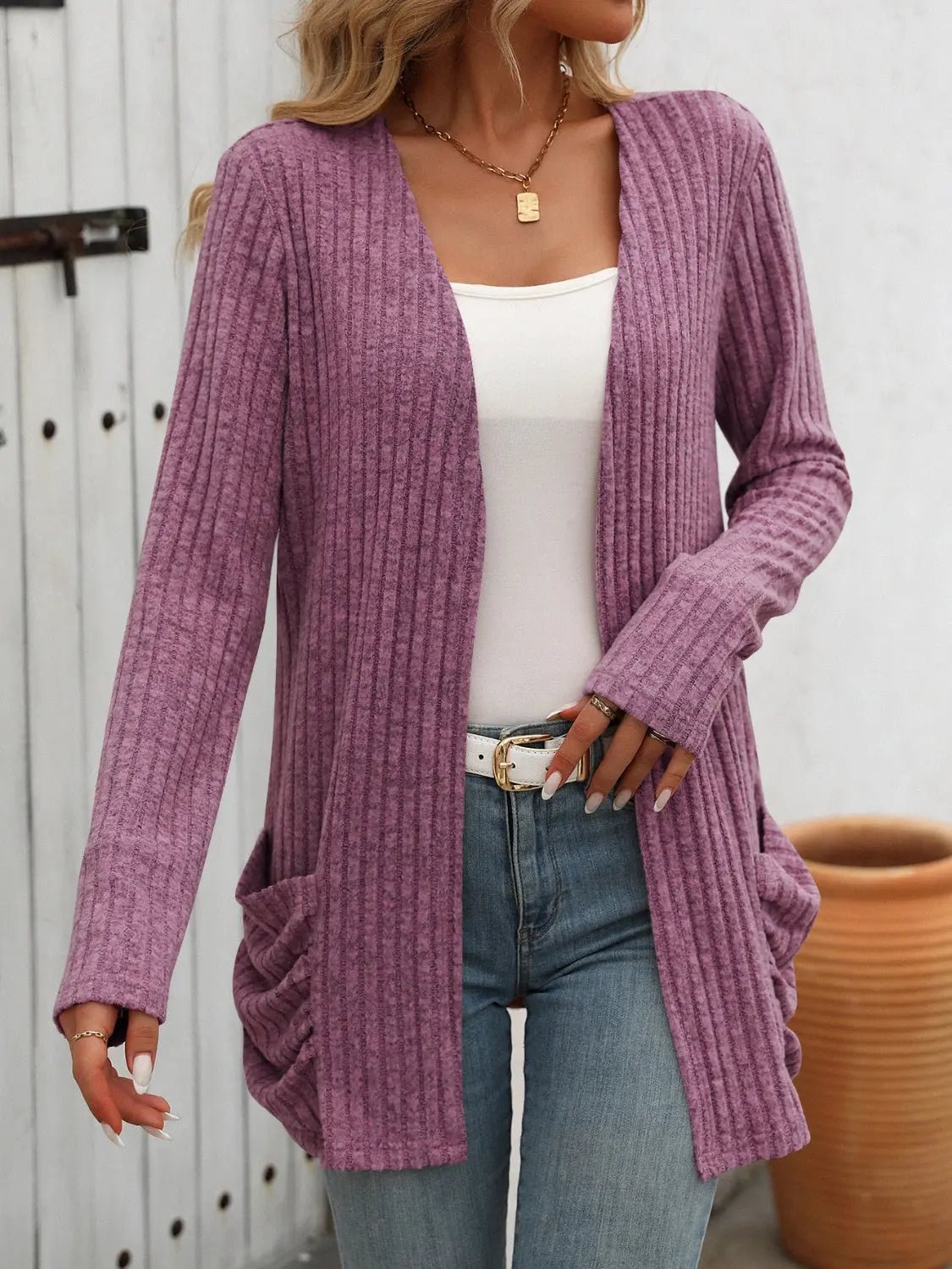 Open Front Long Sleeve Ribbed Cardigan - Celeste