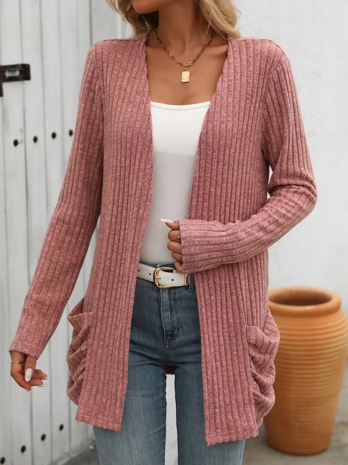 Open Front Long Sleeve Ribbed Cardigan - Celeste