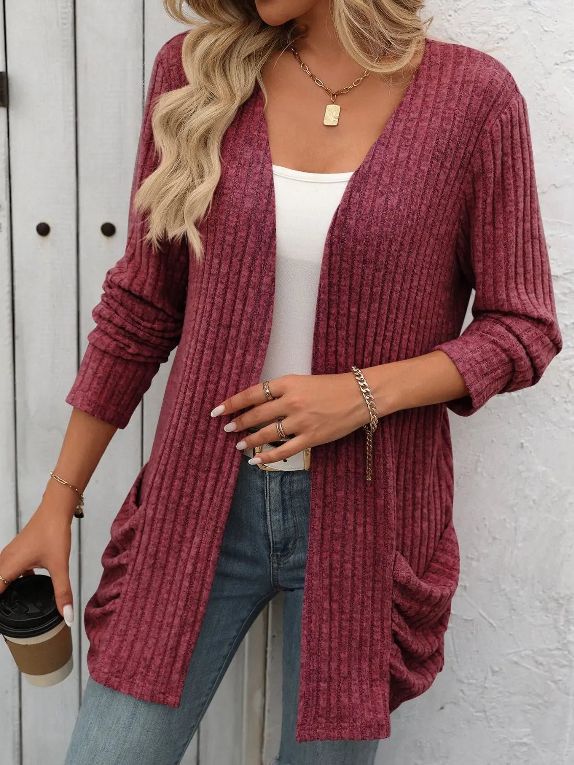 Open Front Long Sleeve Ribbed Cardigan - Celeste