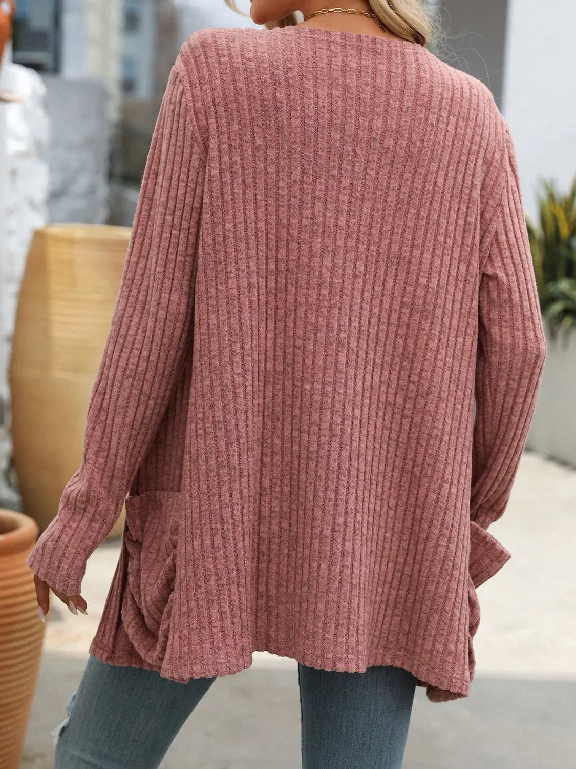 Open Front Long Sleeve Ribbed Cardigan - Celeste