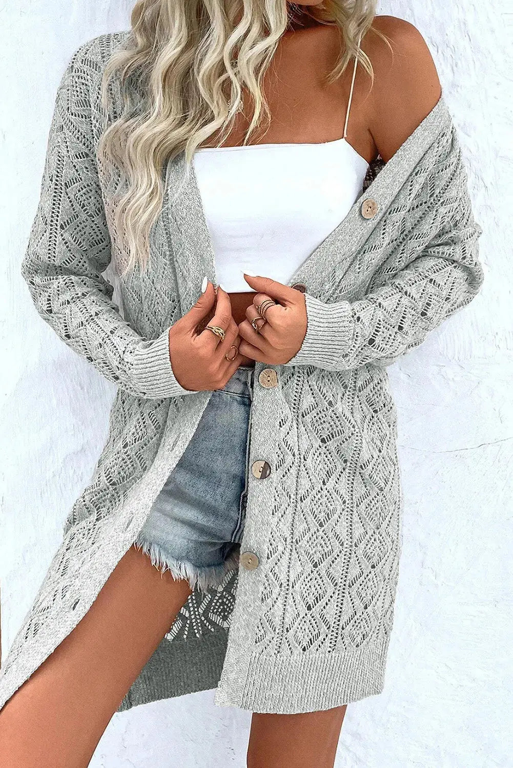 Openwork Button Down Long Sleeve Cardigan - Celeste