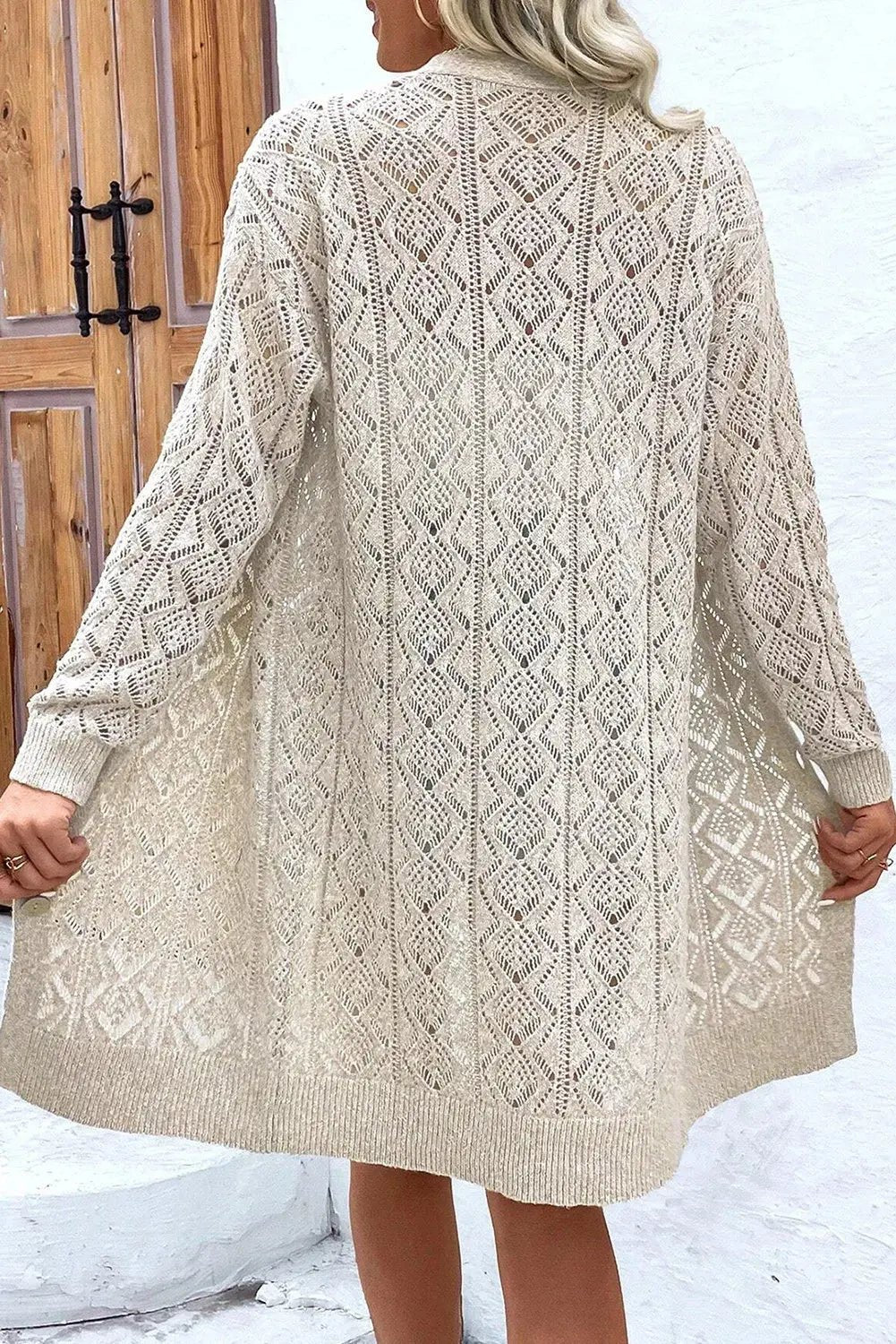 Openwork Button Down Long Sleeve Cardigan - Celeste