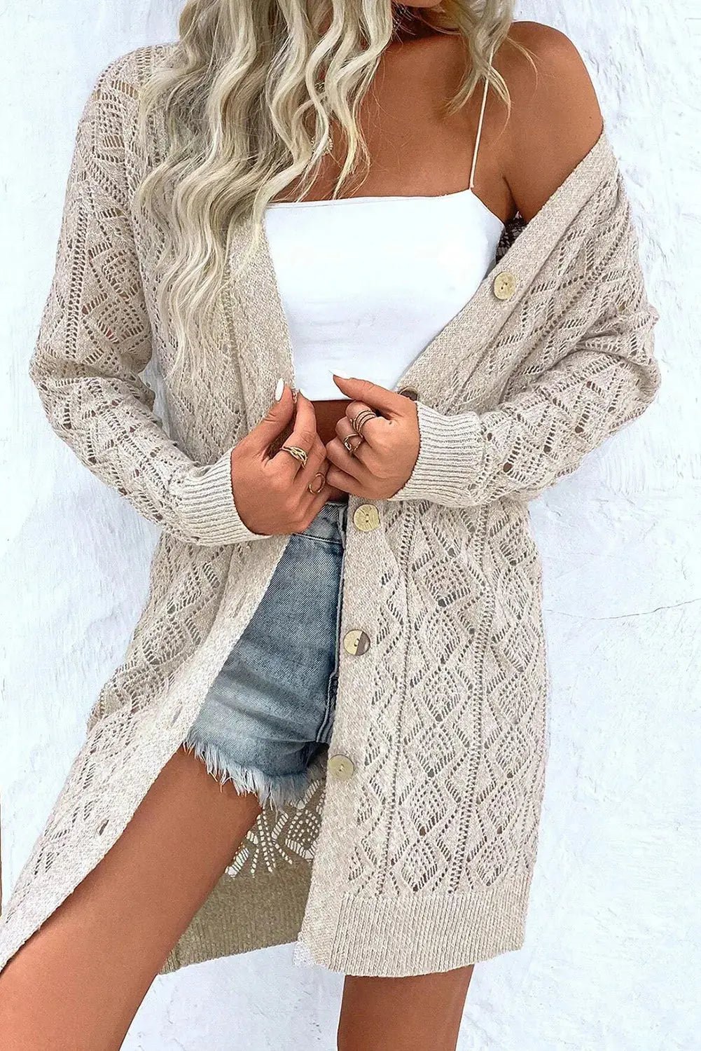 Openwork Button Down Long Sleeve Cardigan - Celeste