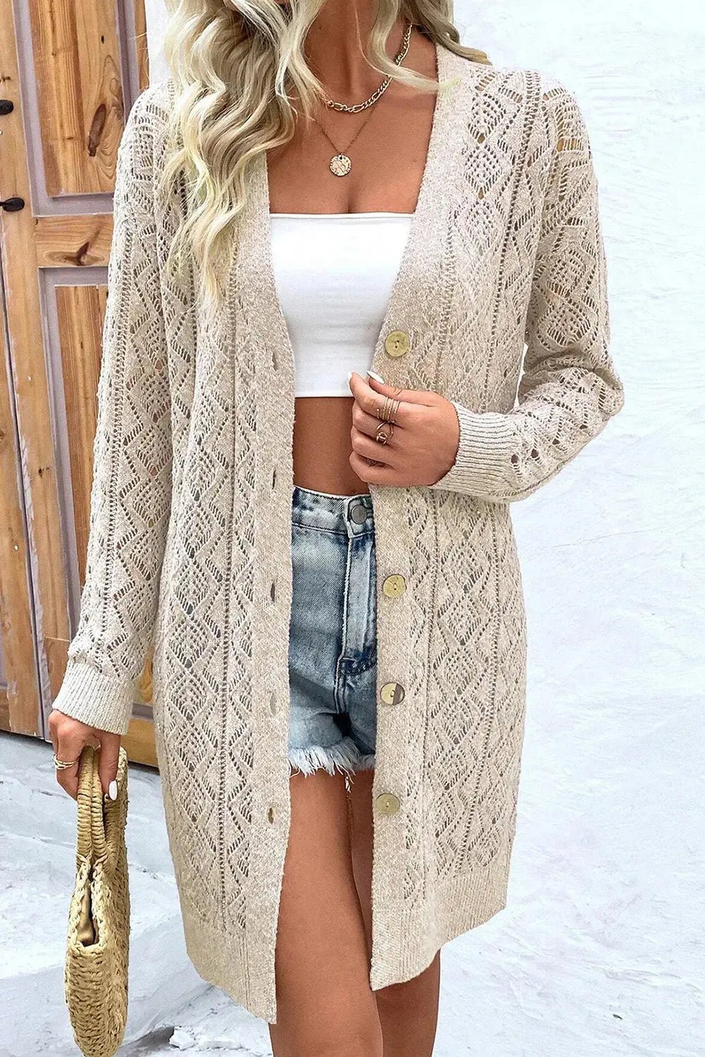 Openwork Button Down Long Sleeve Cardigan - Celeste