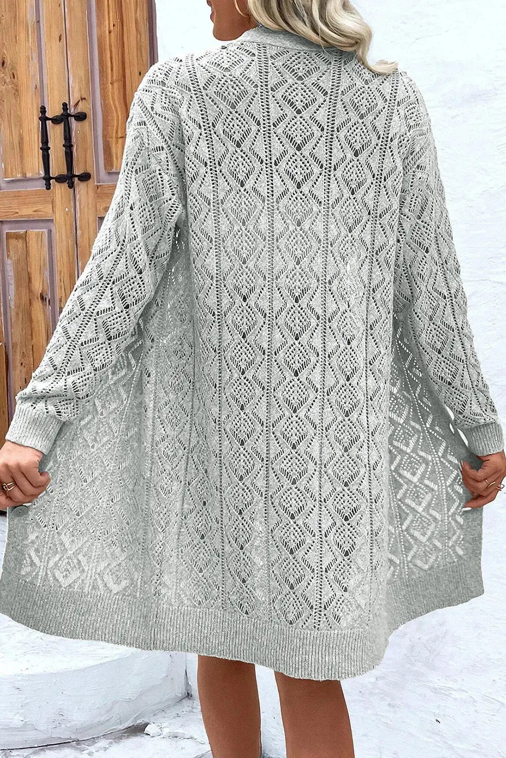 Openwork Button Down Long Sleeve Cardigan - Celeste