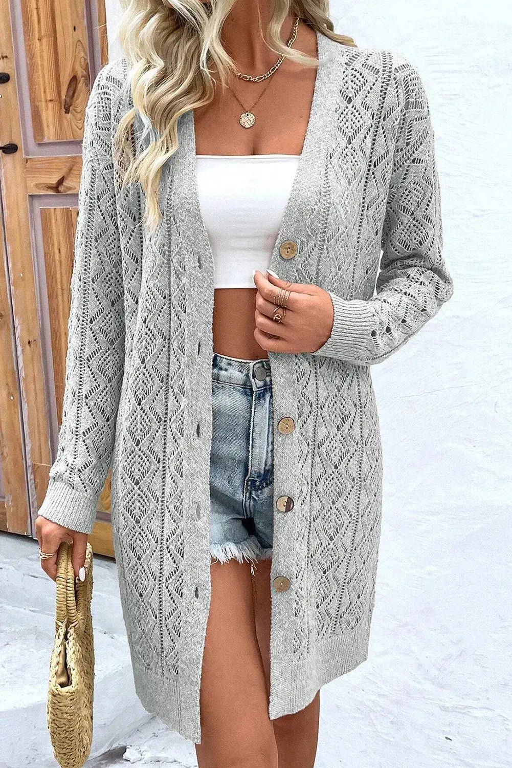 Openwork Button Down Long Sleeve Cardigan - Celeste