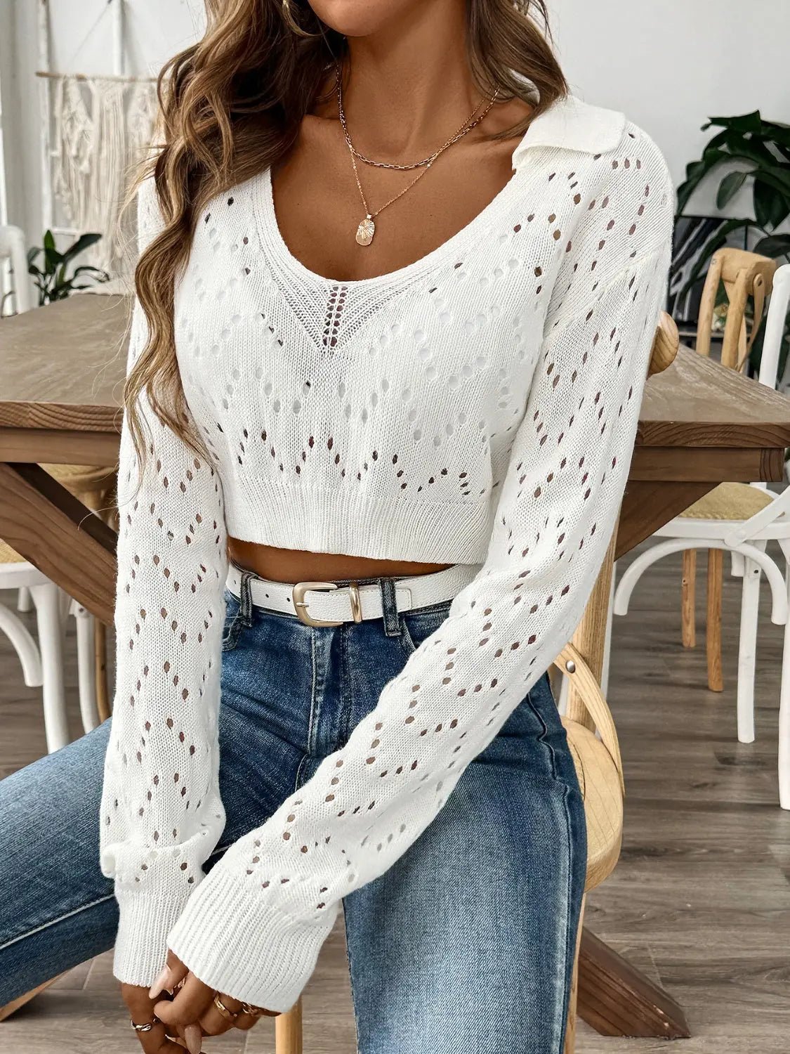 Openwork Collared Neck Long Sleeve Knit Top - Celeste