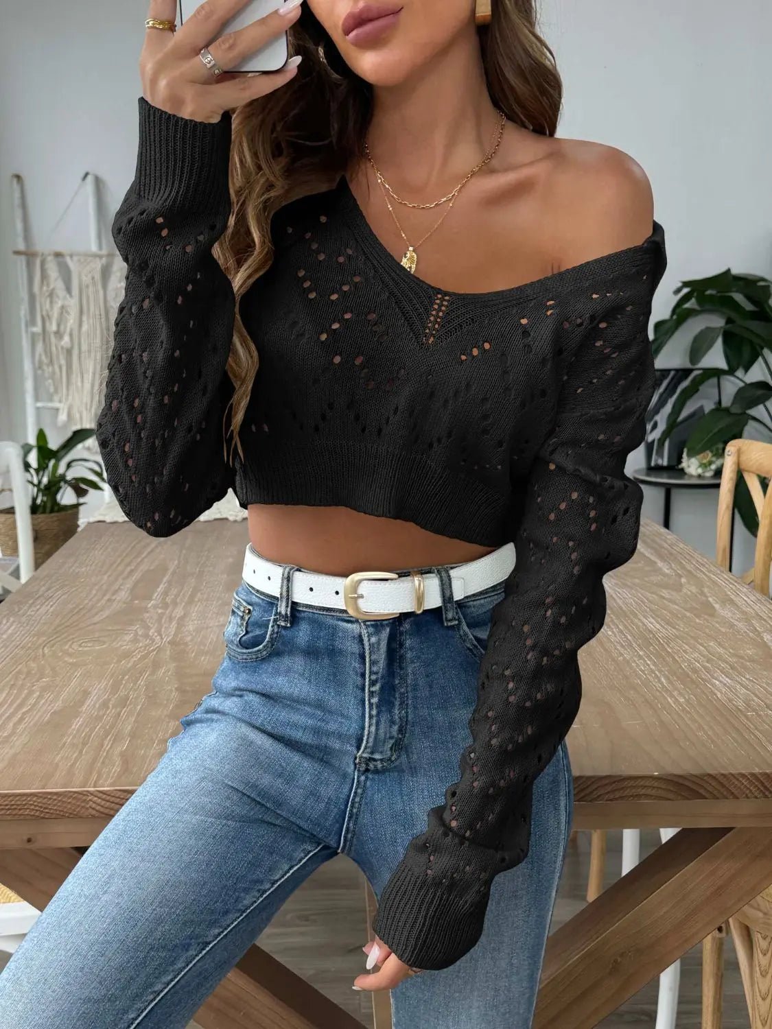 Openwork Collared Neck Long Sleeve Knit Top - Celeste