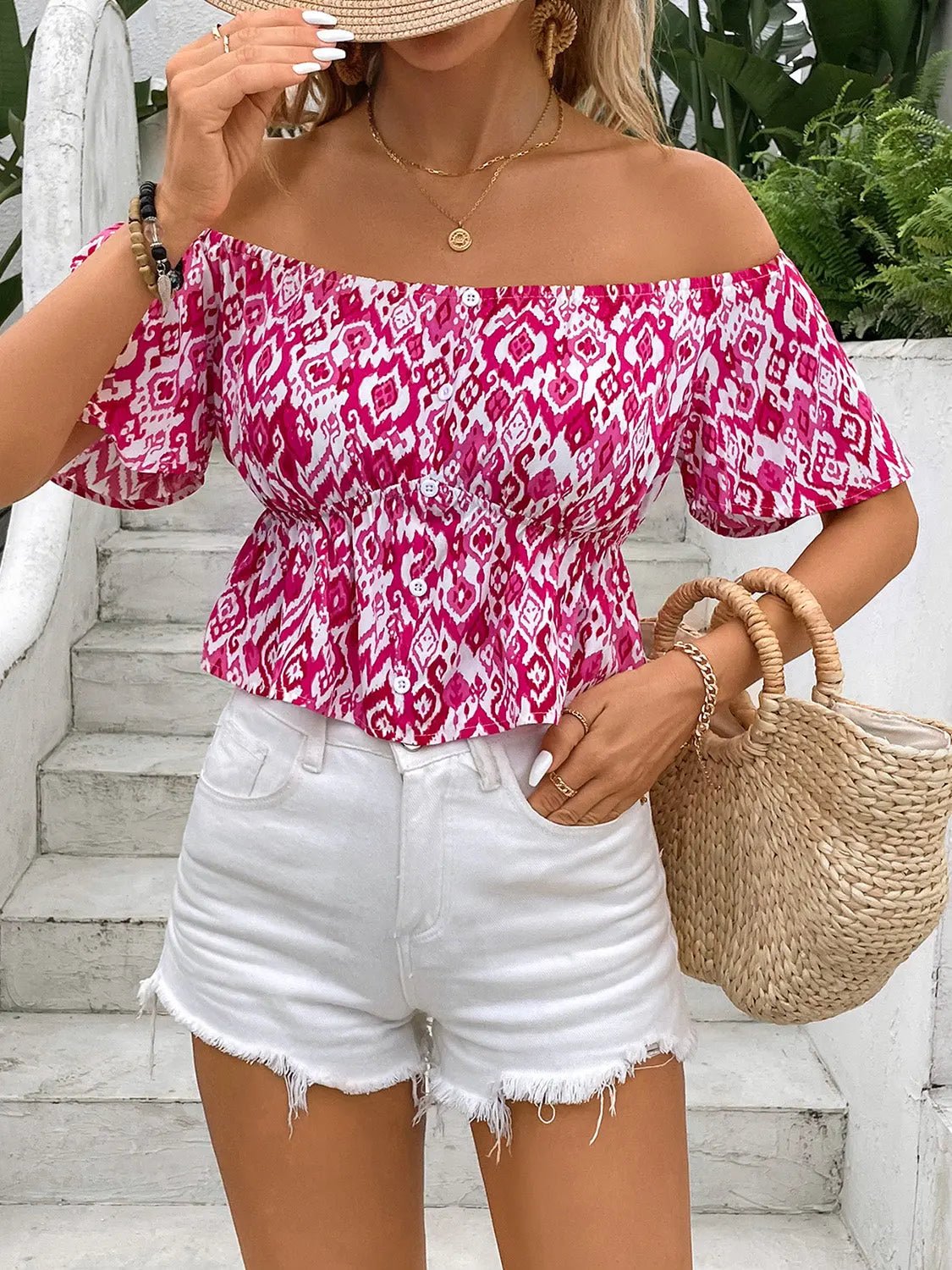 Peplum Printed Off - Shoulder Short Sleeve Blouse - Celeste