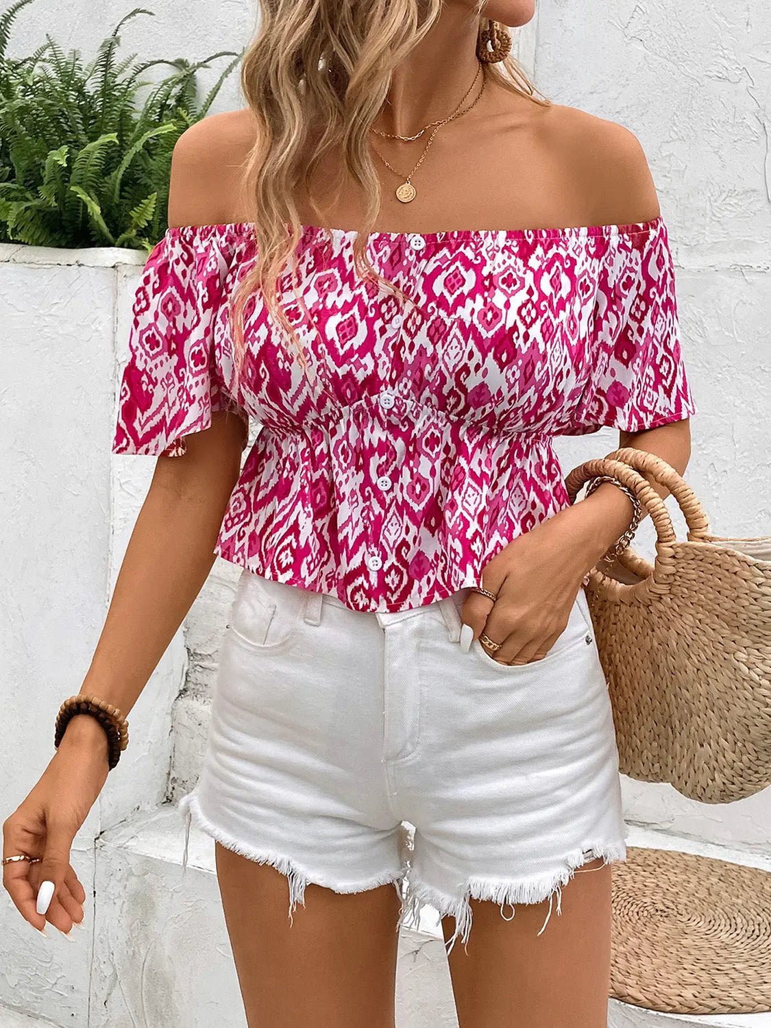 Peplum Printed Off - Shoulder Short Sleeve Blouse - Celeste