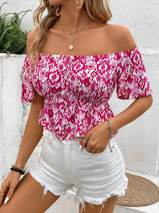 Peplum Printed Off - Shoulder Short Sleeve Blouse - Celeste