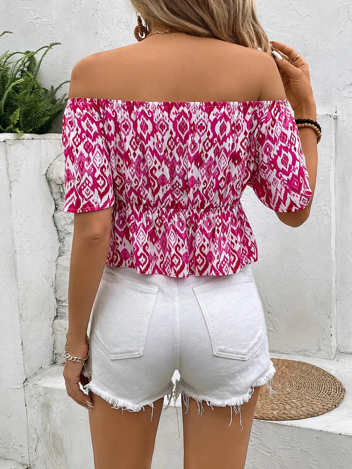 Peplum Printed Off - Shoulder Short Sleeve Blouse - Celeste