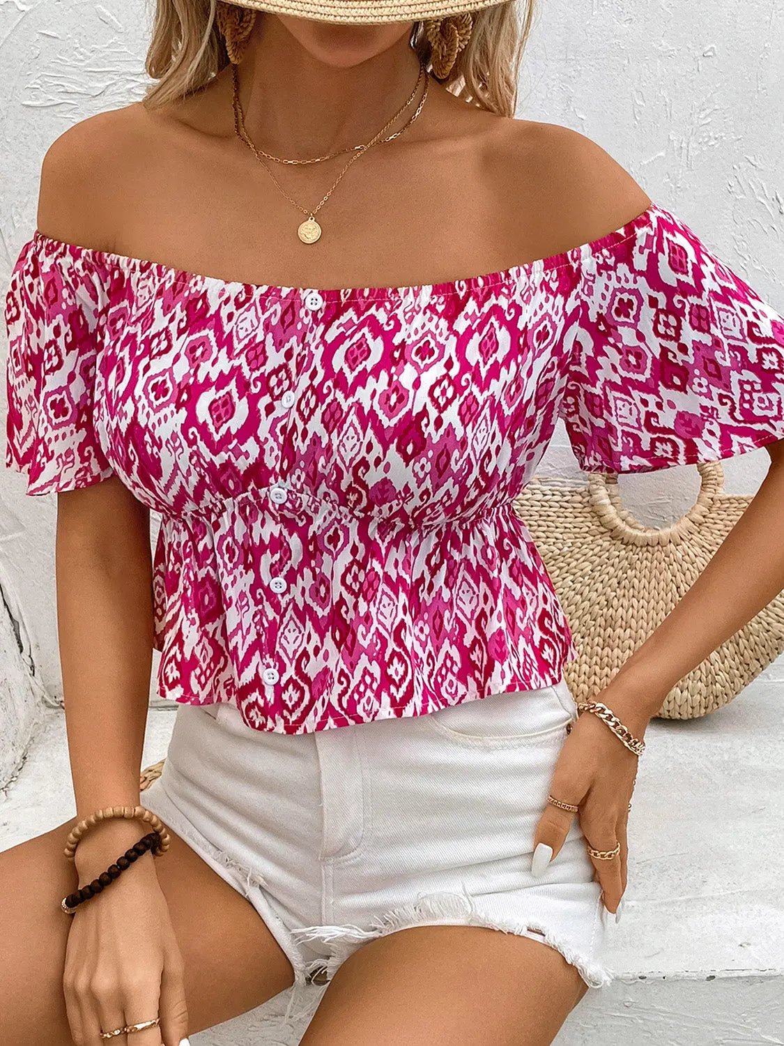 Peplum Printed Off - Shoulder Short Sleeve Blouse - Celeste