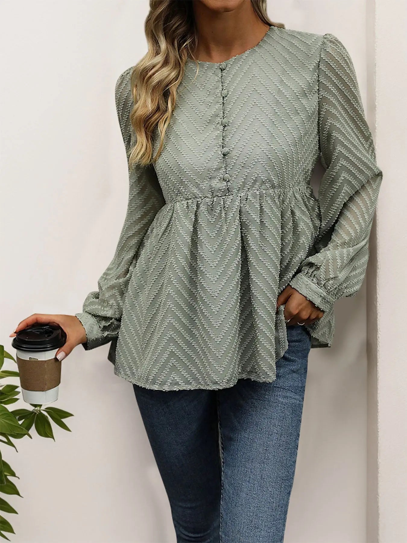 Peplum Round Neck Long Sleeve Blouse - Celeste