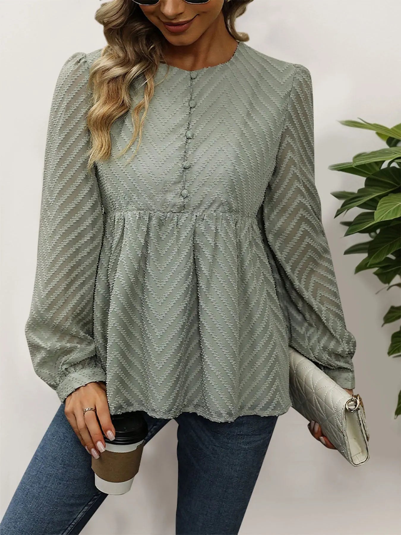 Peplum Round Neck Long Sleeve Blouse - Celeste