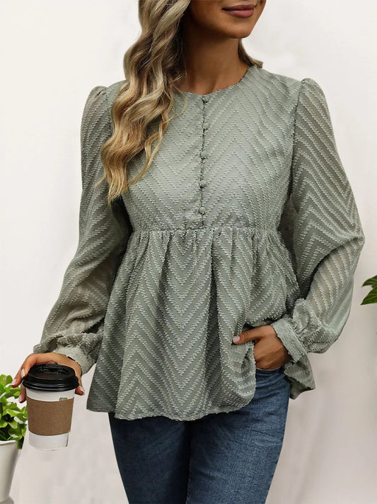 Peplum Round Neck Long Sleeve Blouse - Celeste