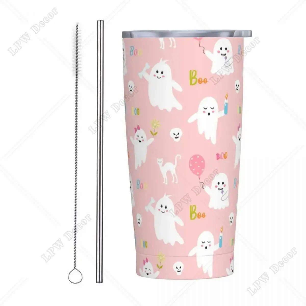 Pink Cute Ghosts Insulated Tumbler with Straws and Lid 20 oz - Celeste