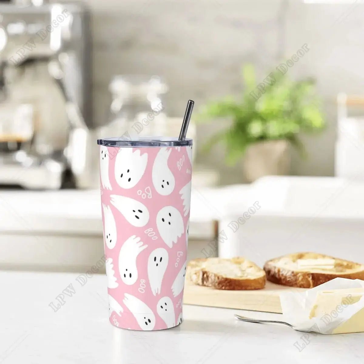 Pink Cute Ghosts Insulated Tumbler with Straws and Lid 20 oz - Celeste