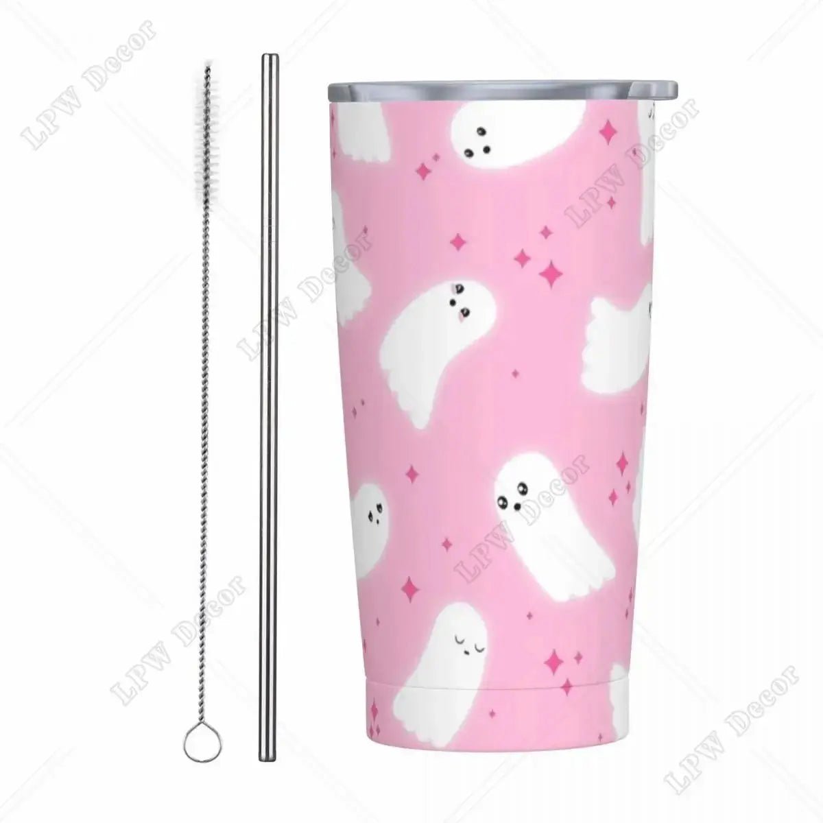 Pink Cute Ghosts Insulated Tumbler with Straws and Lid 20 oz - Celeste