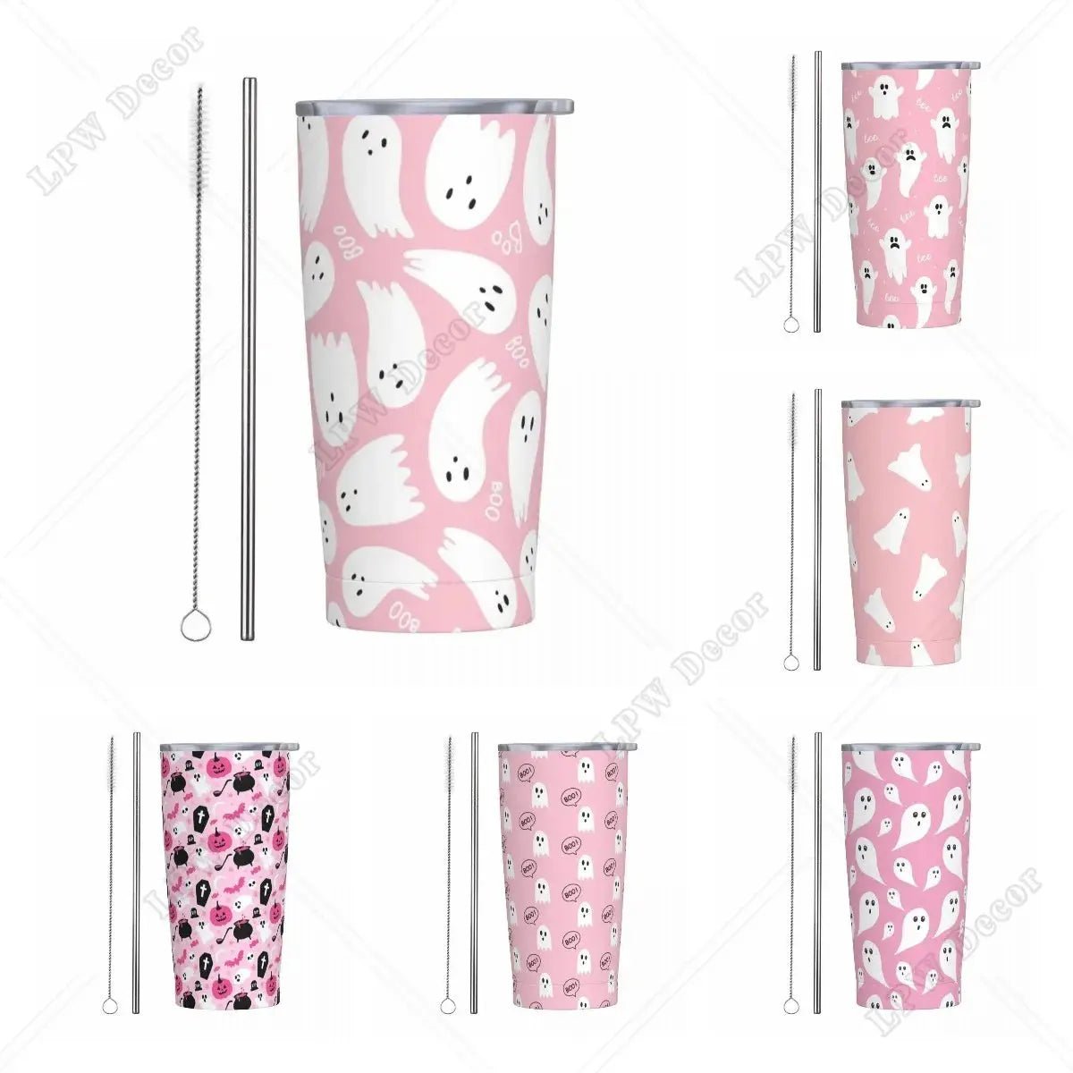 Pink Cute Ghosts Insulated Tumbler with Straws and Lid 20 oz - Celeste