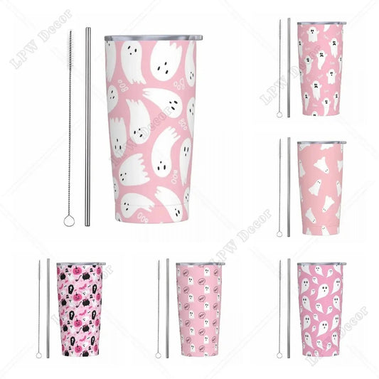 Pink Cute Ghosts Insulated Tumbler with Straws and Lid 20 oz - Celeste