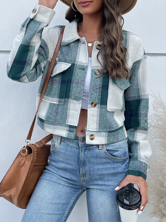 Plaid Button Up Drop Shoulder Cropped Jacket - Celeste