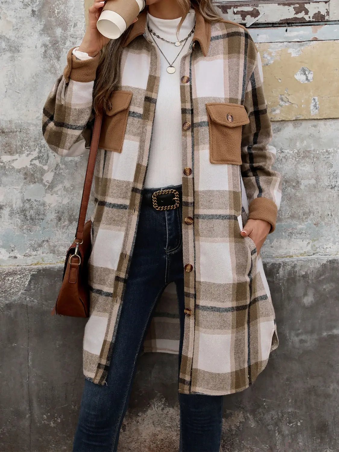 Plaid Button Up Long Sleeve Coat - Celeste    