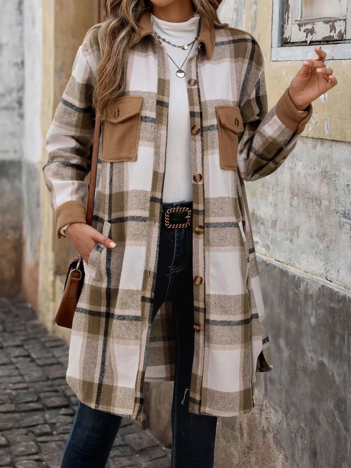 Plaid Button Up Long Sleeve Coat - Celeste    