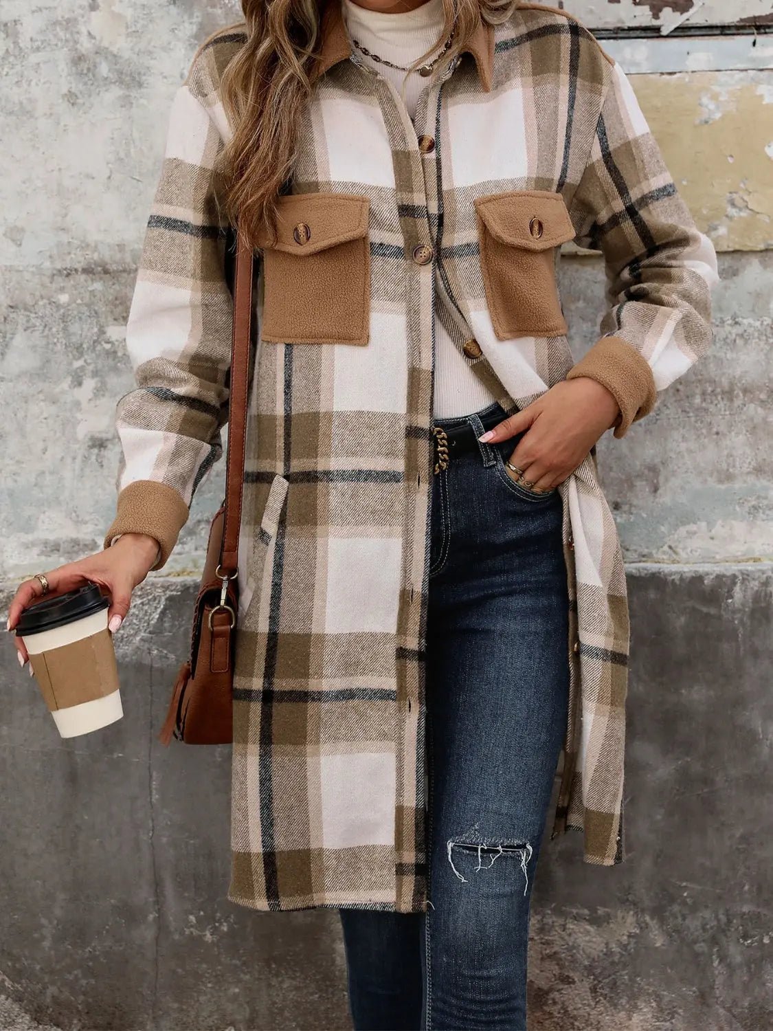 Plaid Button Up Long Sleeve Coat - Celeste    