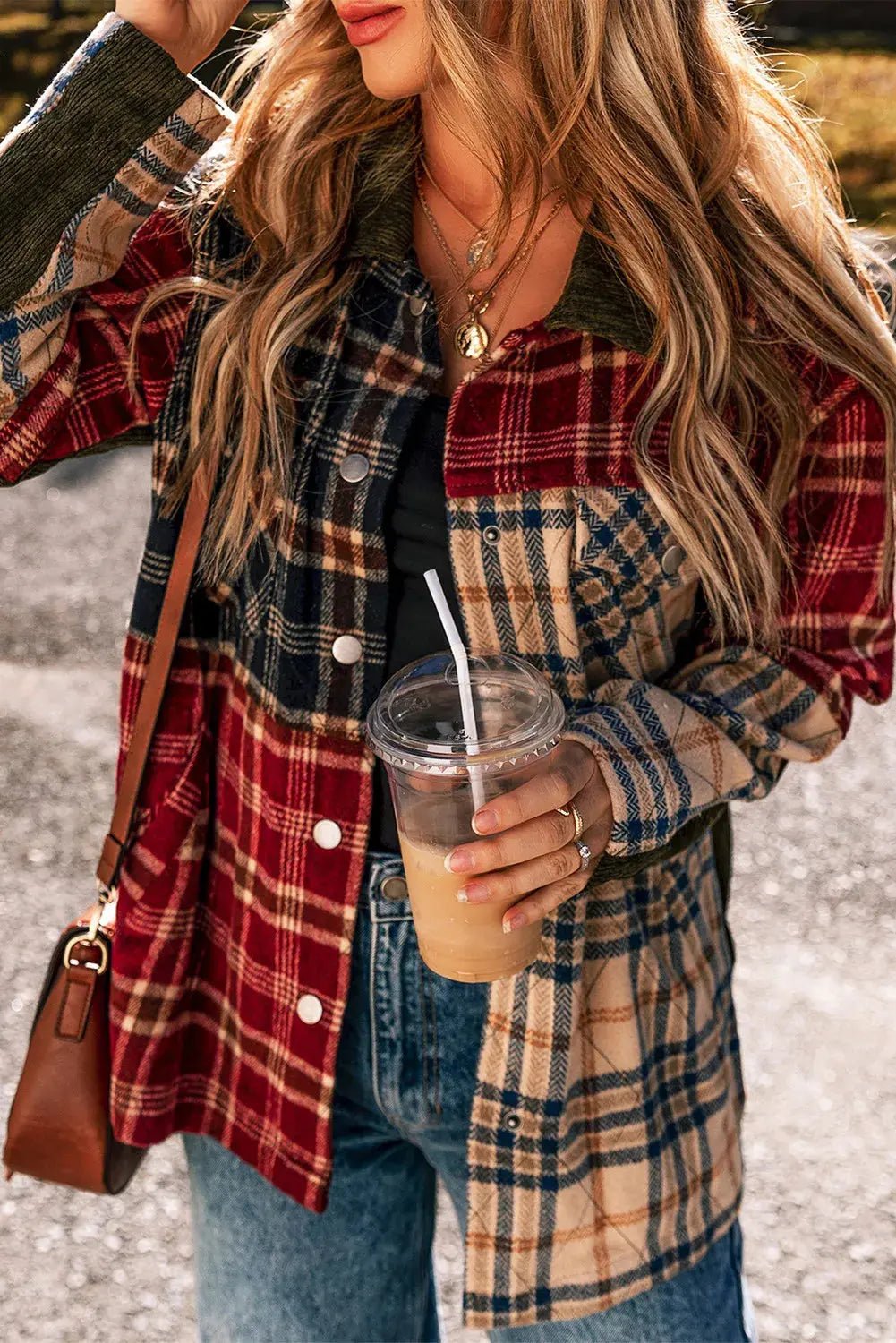 Plaid Button Up Long Sleeve Jacket - Celeste    