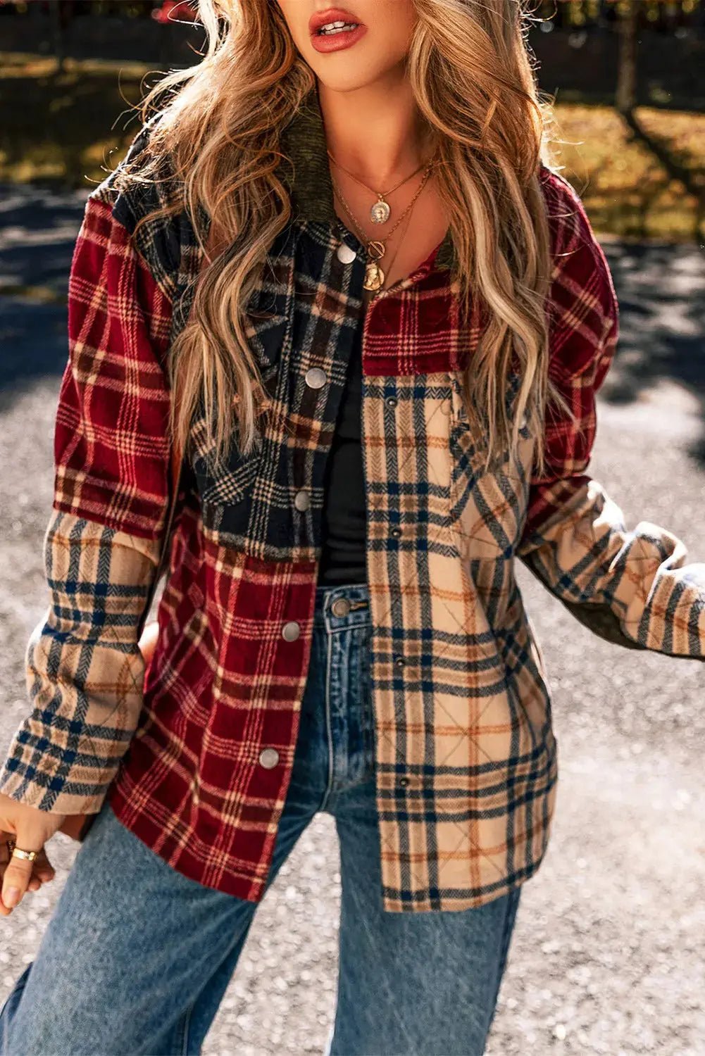 Plaid Button Up Long Sleeve Jacket - Celeste    