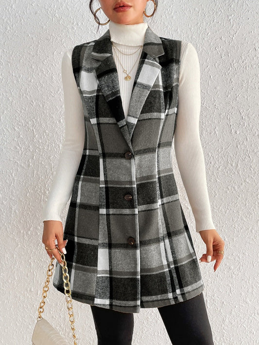 Plaid Button Up Vest Coat - Celeste