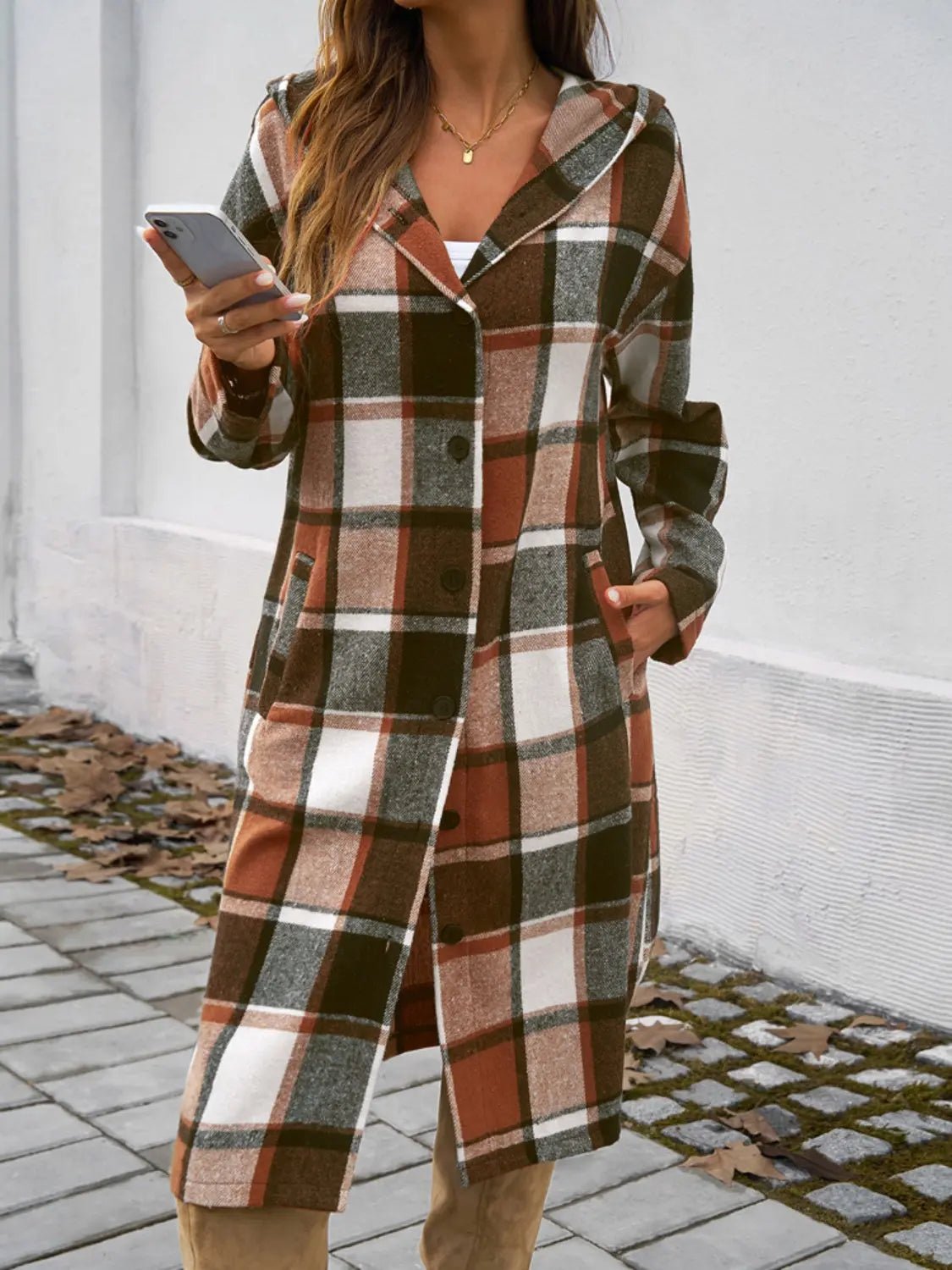 Plaid Long Sleeve Hooded Coat - Celeste