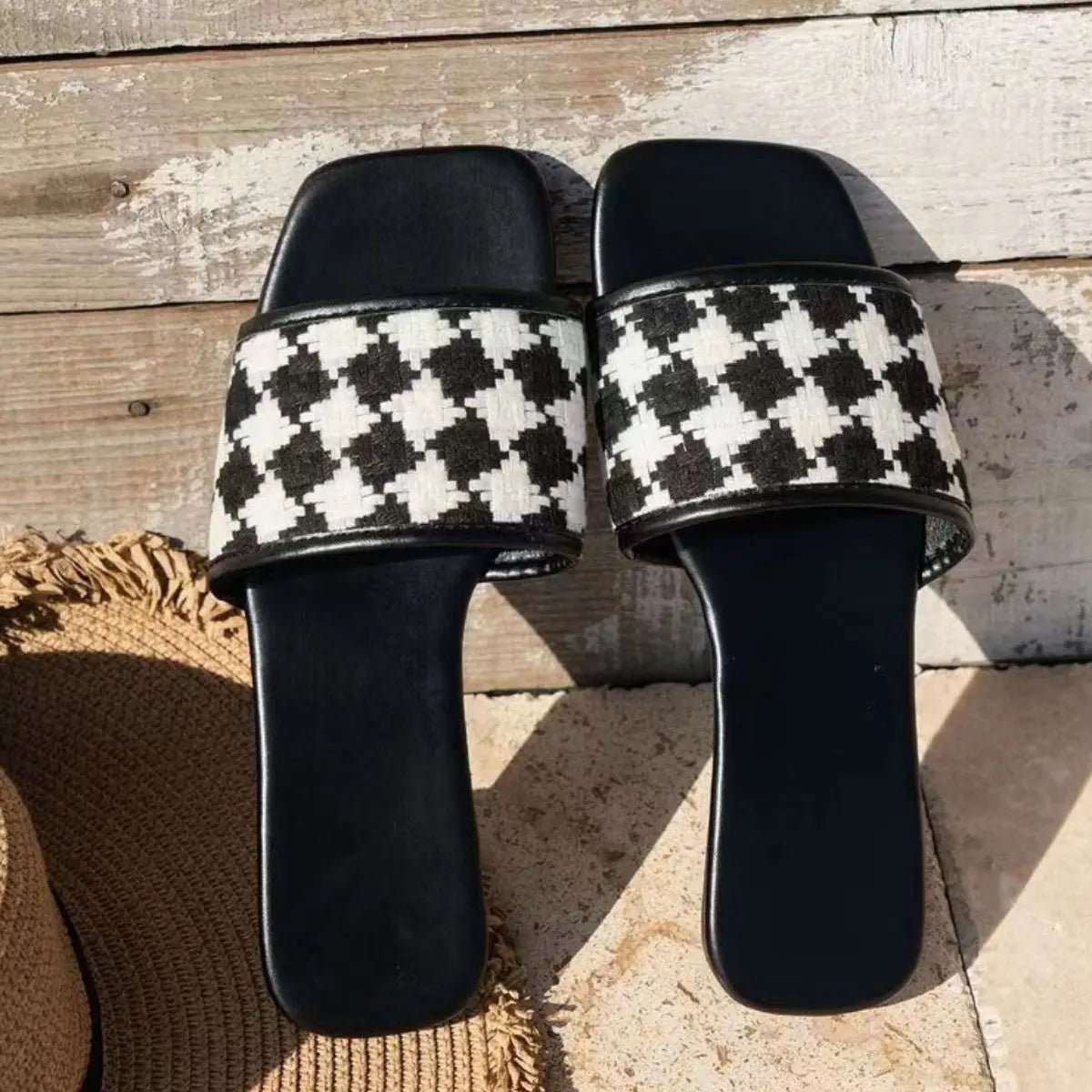 Plaid Open Toe Flat Sandals - Celeste