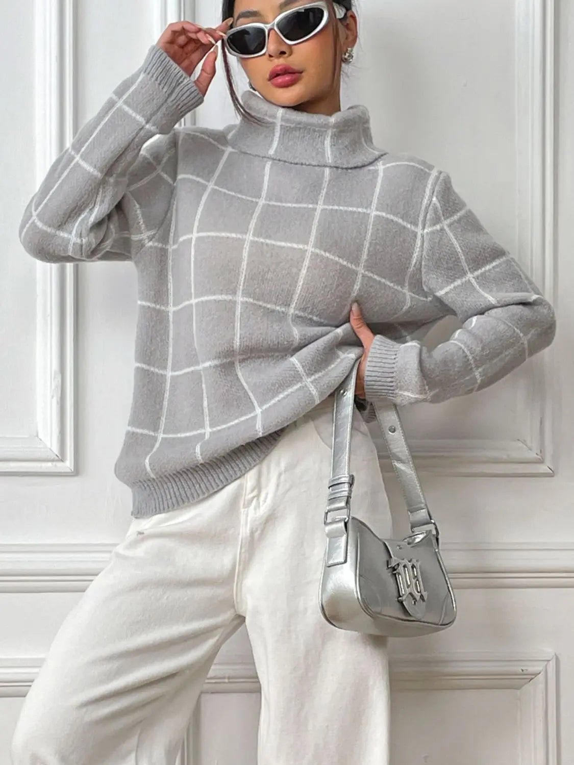 Plaid Turtleneck Long Sleeve Sweater - Celeste