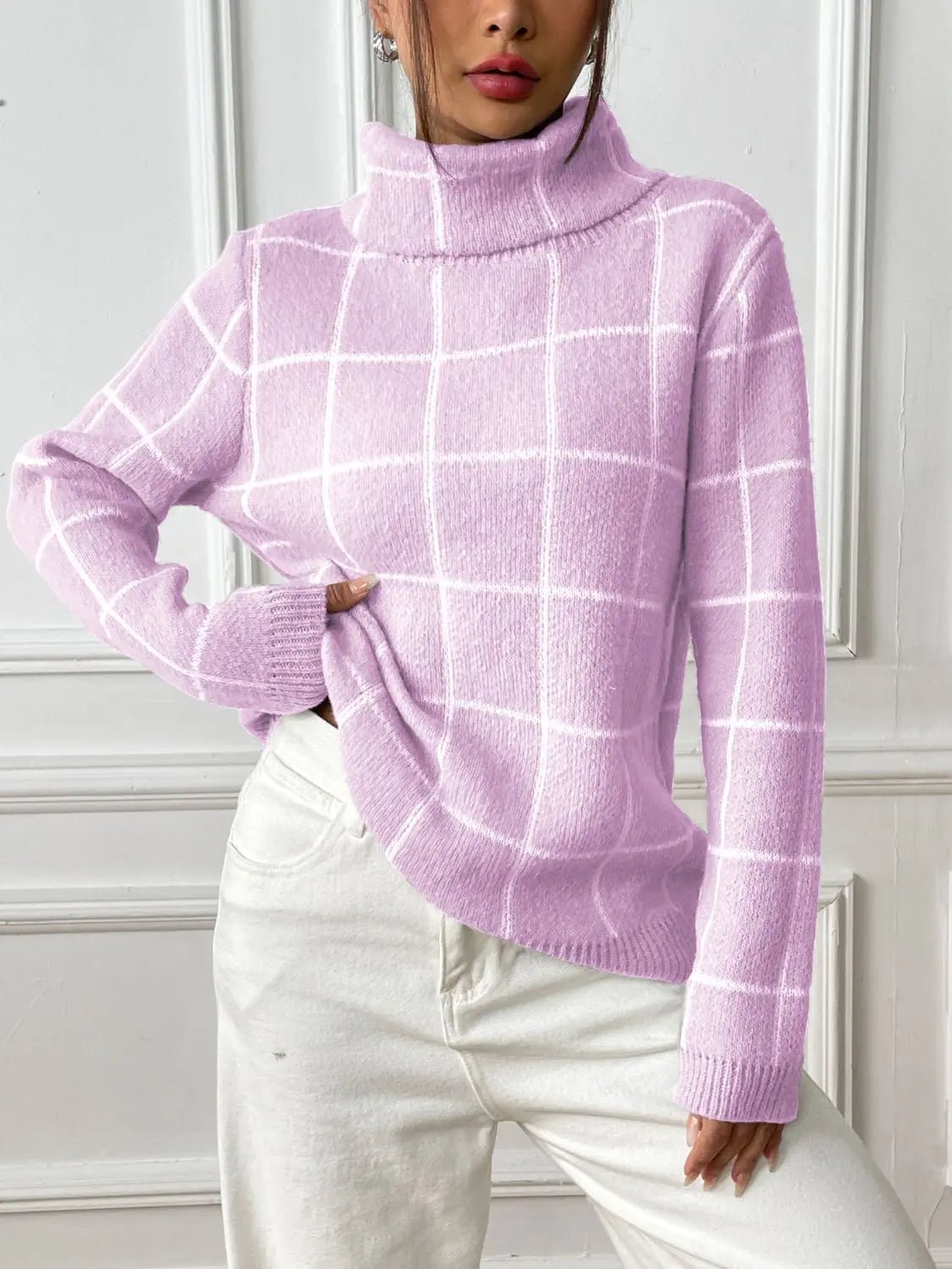 Plaid Turtleneck Long Sleeve Sweater - Celeste