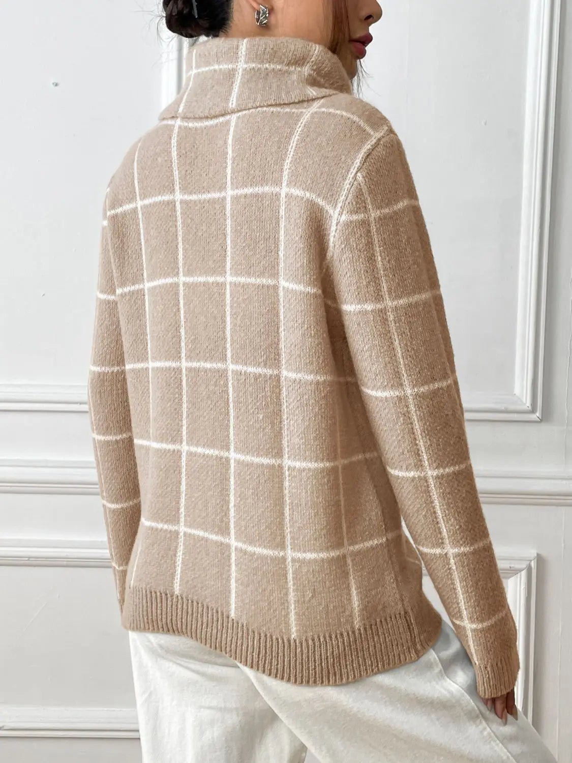 Plaid Turtleneck Long Sleeve Sweater - Celeste