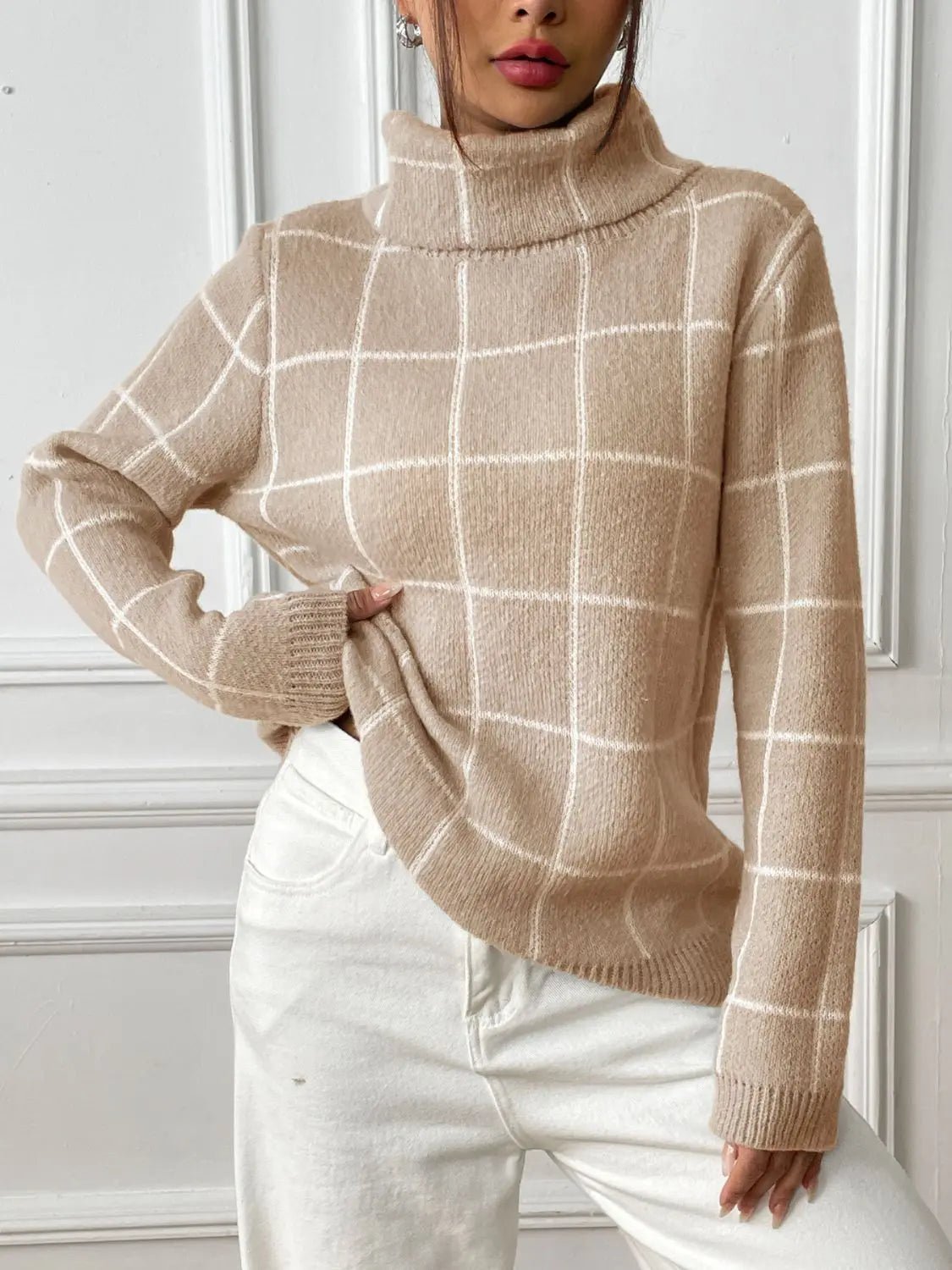 Plaid Turtleneck Long Sleeve Sweater - Celeste