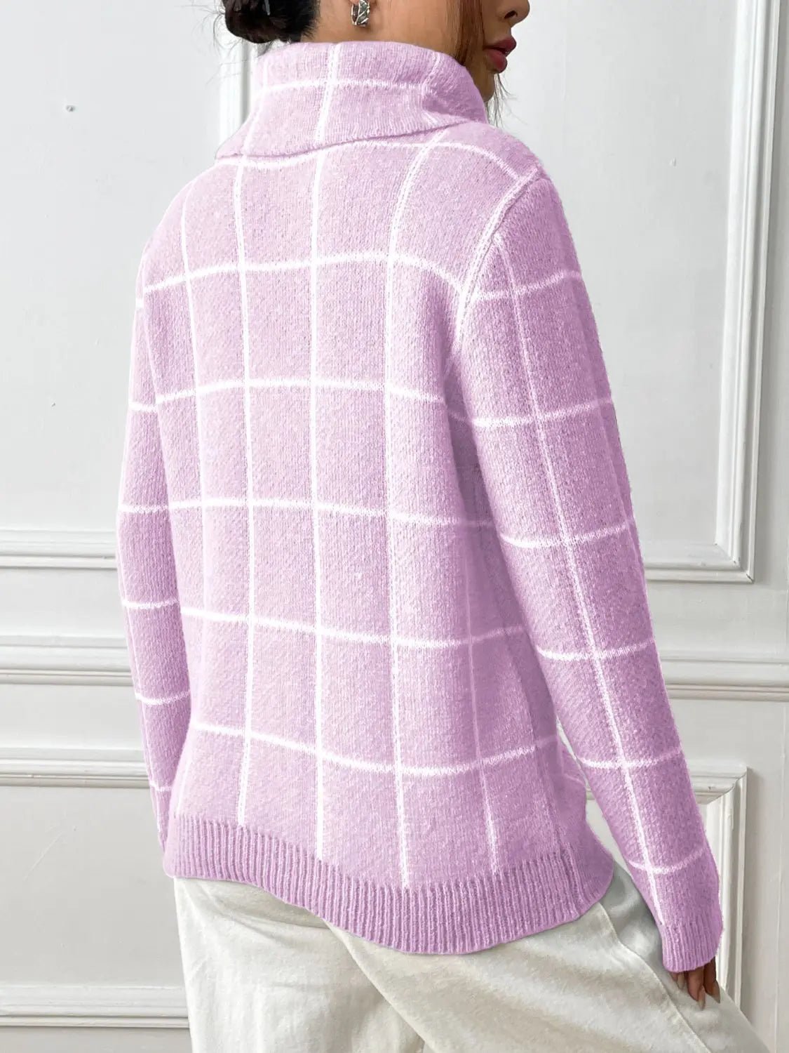 Plaid Turtleneck Long Sleeve Sweater - Celeste