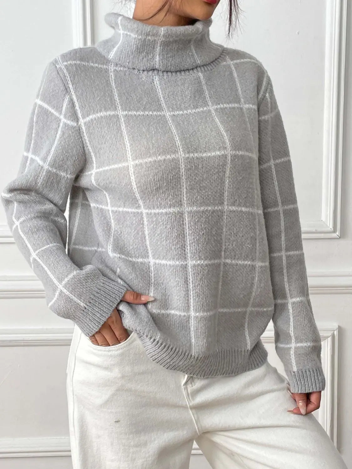 Plaid Turtleneck Long Sleeve Sweater - Celeste