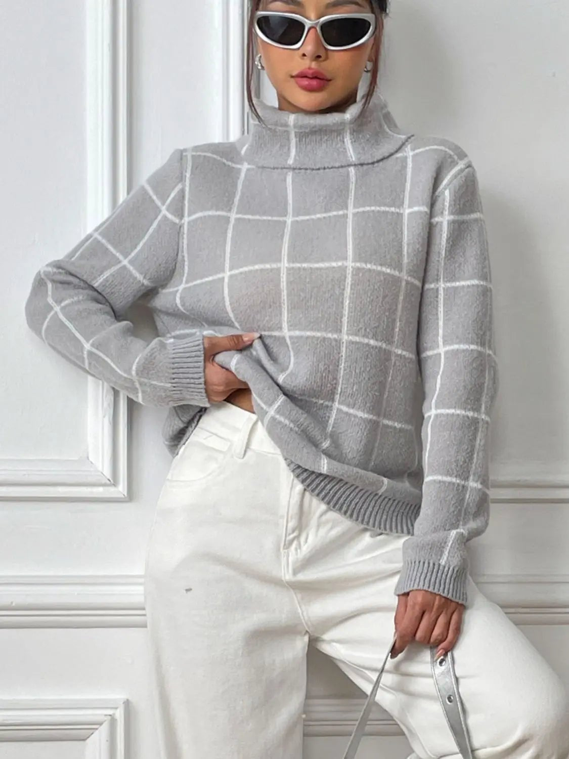 Plaid Turtleneck Long Sleeve Sweater - Celeste