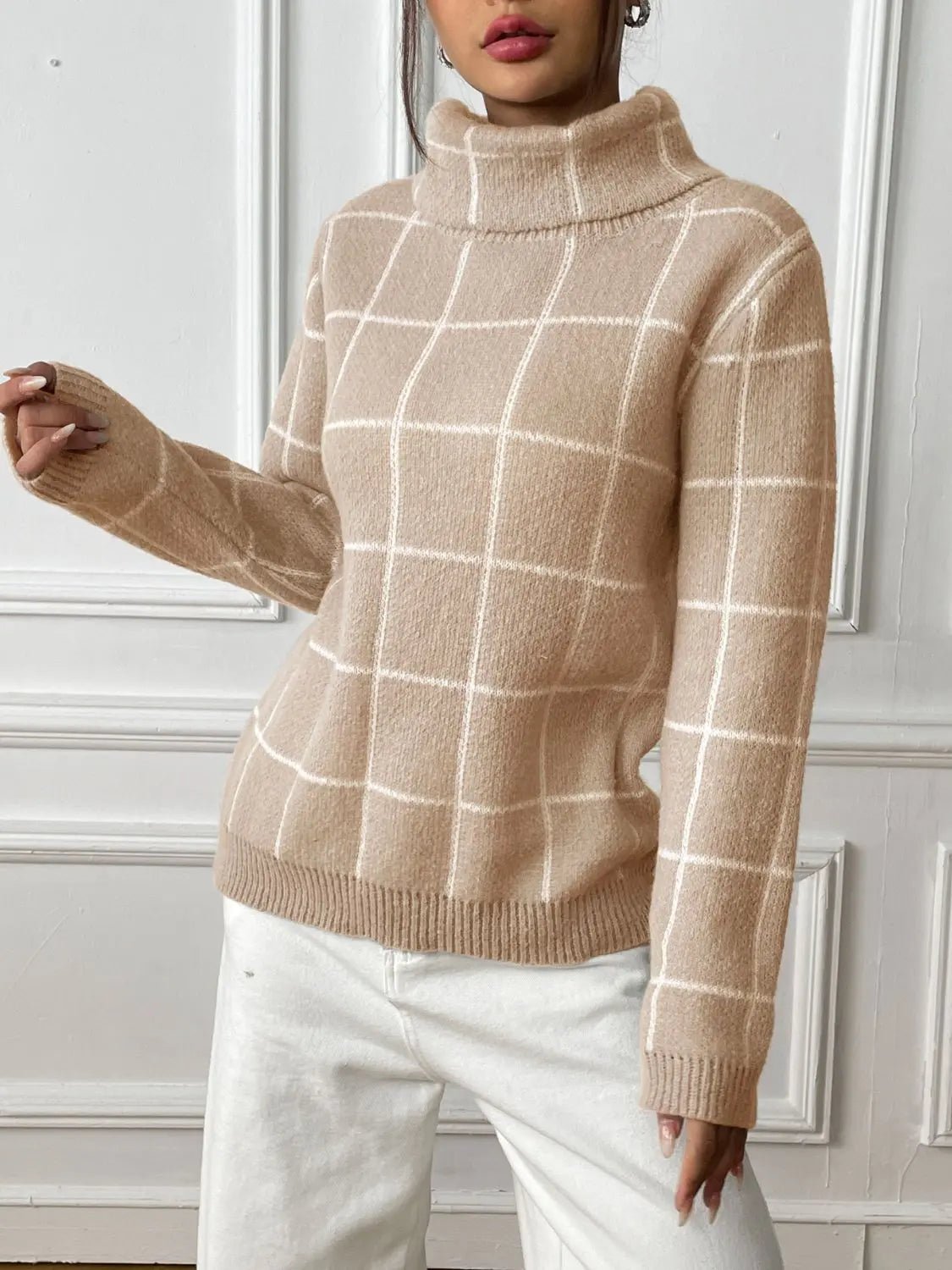 Plaid Turtleneck Long Sleeve Sweater - Celeste